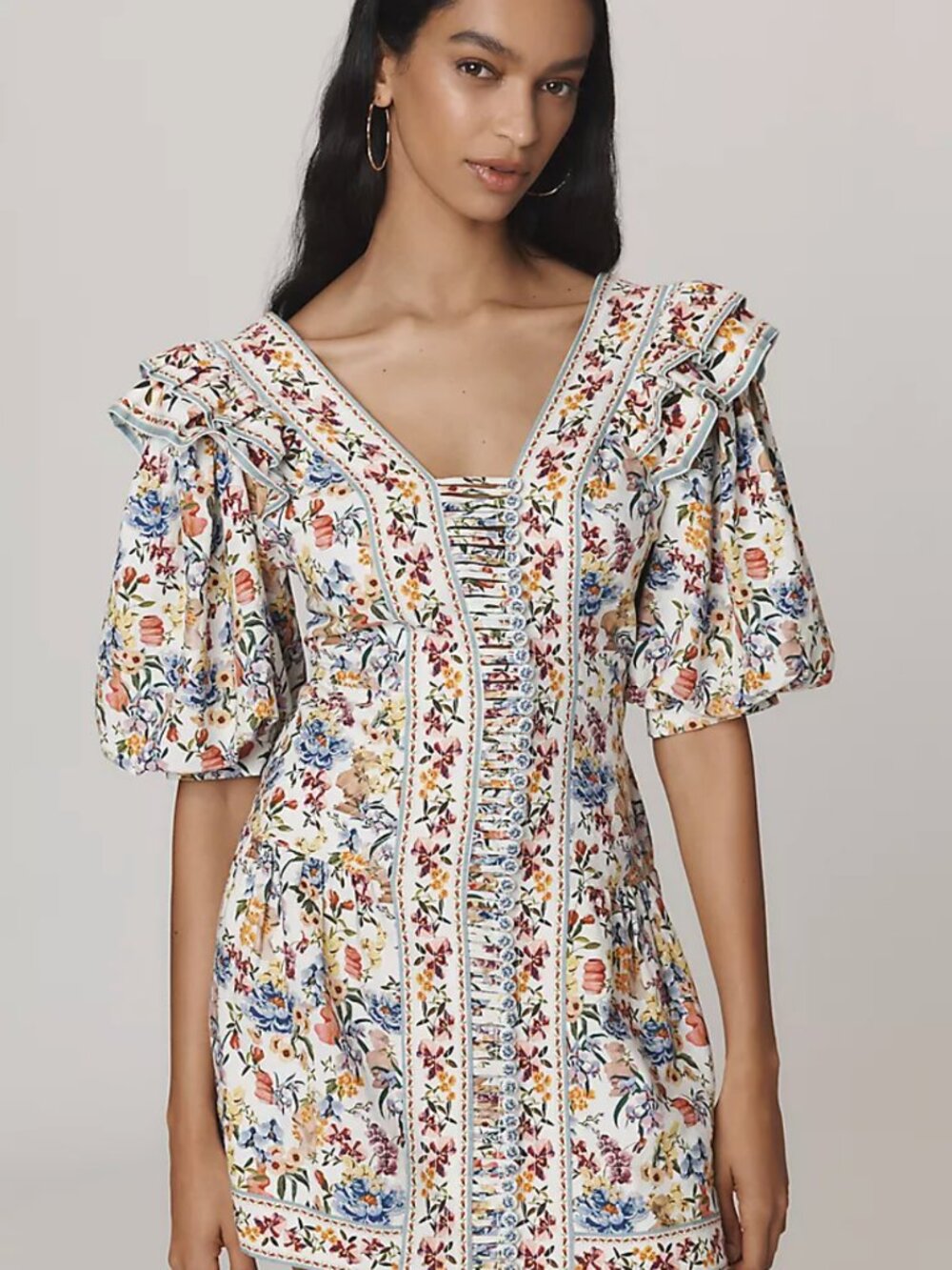 Farm Rio Greek Garden Floral Linen Blend Ruffle Tie Back Mini Dress Size M